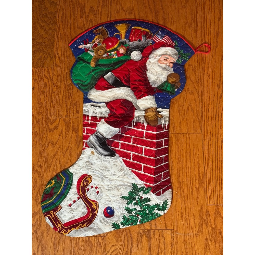 Vintage Christmas Oversized Stocking Down The Chimney Quilted Fabric Cranston 31